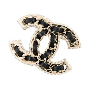 Chanel Brooch, Coco Mark, Chain Motif, Rhinestone, Leather, B25V AB5107 CHANE...